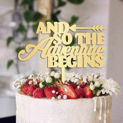 And So The Adventure Begins Wedding Cake Toppers Gift For Bride Groom Elegant Cake Topper Art Font Wedding Rustic Cake Decor Anniversary Engagement Party Decoration Cake Supplies