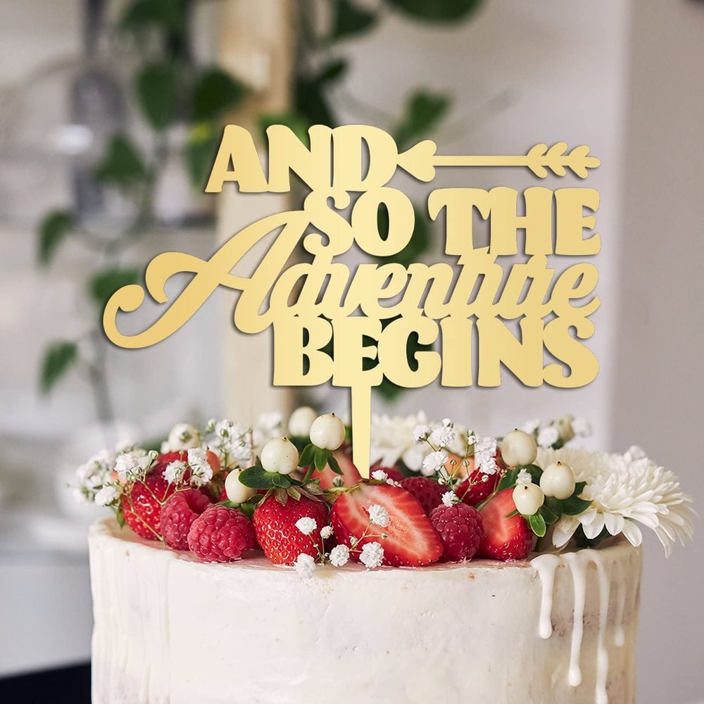 And So The Adventure Begins Wedding Cake Toppers Gift For Bride Groom Elegant Cake Topper Art Font Wedding Rustic Cake Decor Anniversary Engagement Party Decoration Cake Supplies