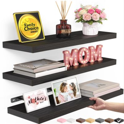 BAYKA Floating Shelves for Wall, Wall Mounted Rustic Wood Shelves for Bathroom, Bedroom, Living Room, Kitchen, Hanging Shelf for Books/Storage/Room Decor with 22lbs Capacity (Black, Set of 3, 15.7in)