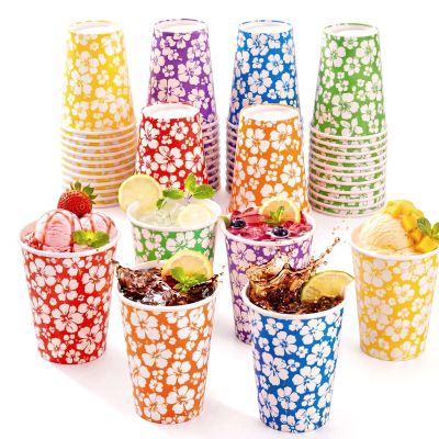 Marsui 120 Pack 12oz Hawaiian Luau Party Paper Cups, Tropical Hibiscus Disposable Drinking Cups, Summer Beach Luau Theme Party Decorations Supplies for Birthday Pool Beach Tropical