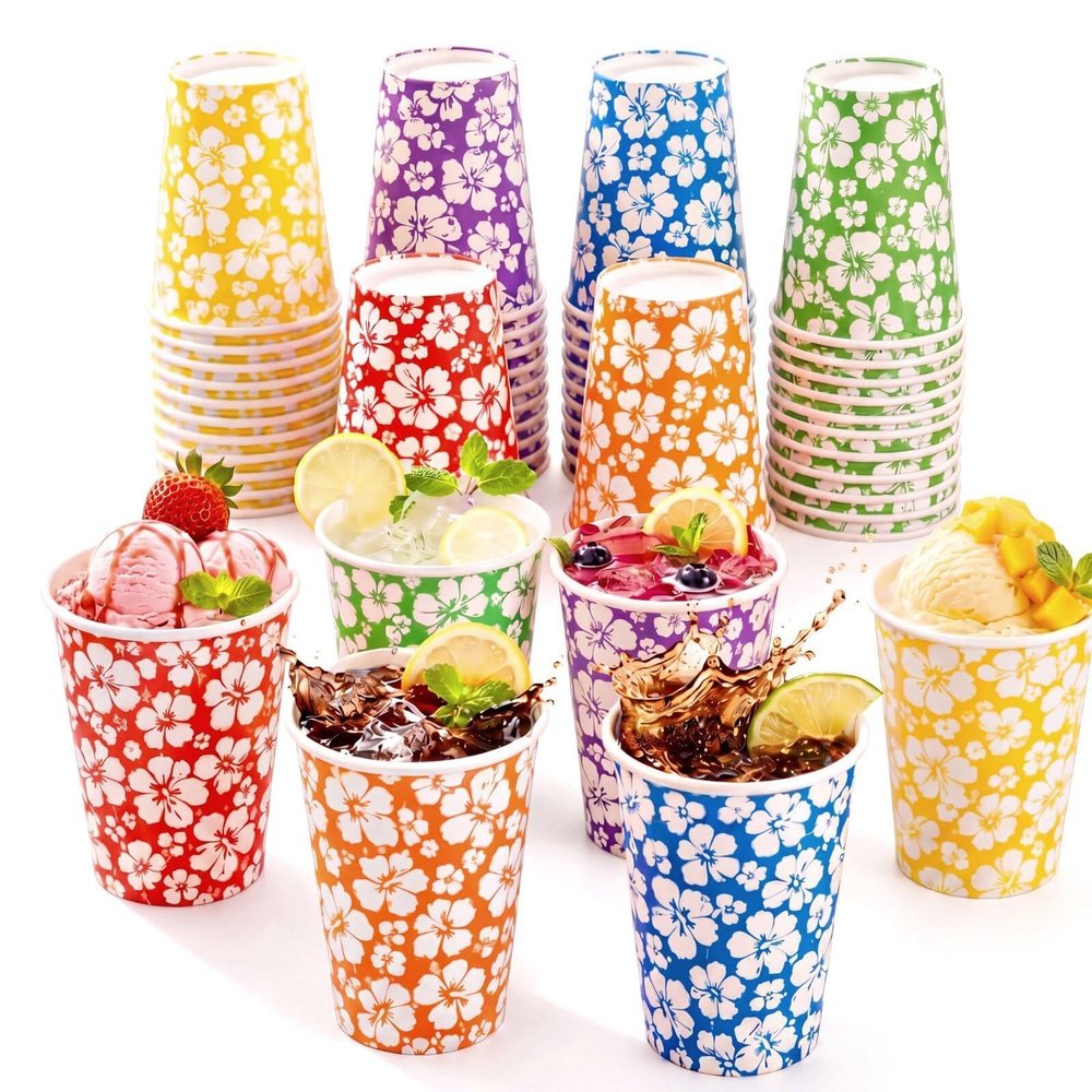 Marsui 120 Pack 12oz Hawaiian Luau Party Paper Cups, Tropical Hibiscus Disposable Drinking Cups, Summer Beach Luau Theme Party Decorations Supplies for Birthday Pool Beach Tropical
