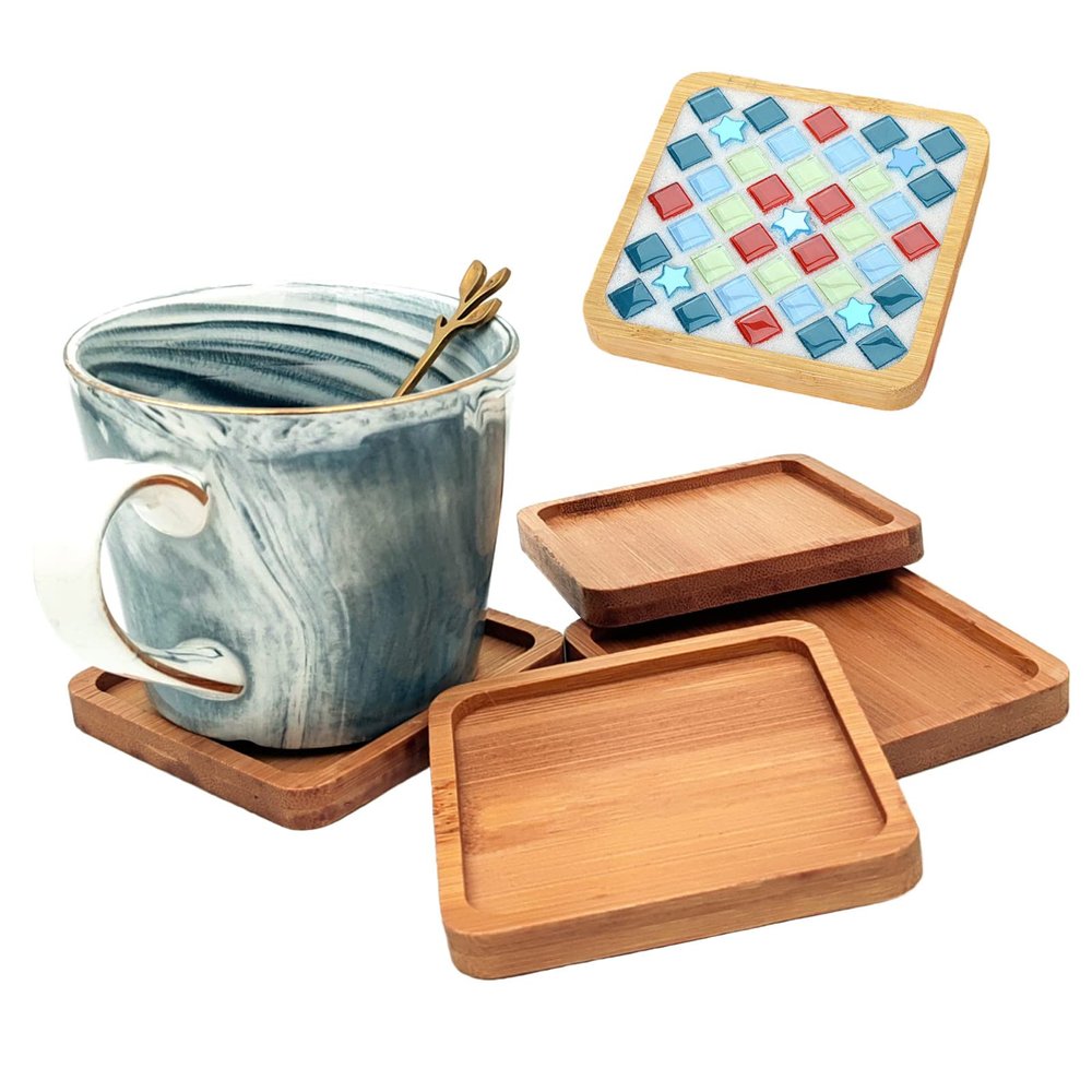 4PCS Mosaic Bamboo Coasters for Crafts, Blank Base Trays, Drinking Cup Coaster, Plant Coaster, Art Plate,DIY Mosaic Supplies (Square)