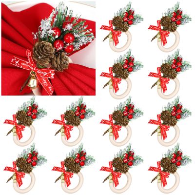 12 Pieces Christmas Napkin Rings Holder Pine Cones Poinsettia Pumpkin Wooden Napkin Rings Decor for Christmas Thanksgiving Birthday Party Supplies (Bell and Pine Cone Style)