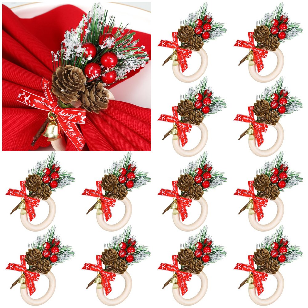 12 Pieces Christmas Napkin Rings Holder Pine Cones Poinsettia Pumpkin Wooden Napkin Rings Decor for Christmas Thanksgiving Birthday Party Supplies (Bell and Pine Cone Style)