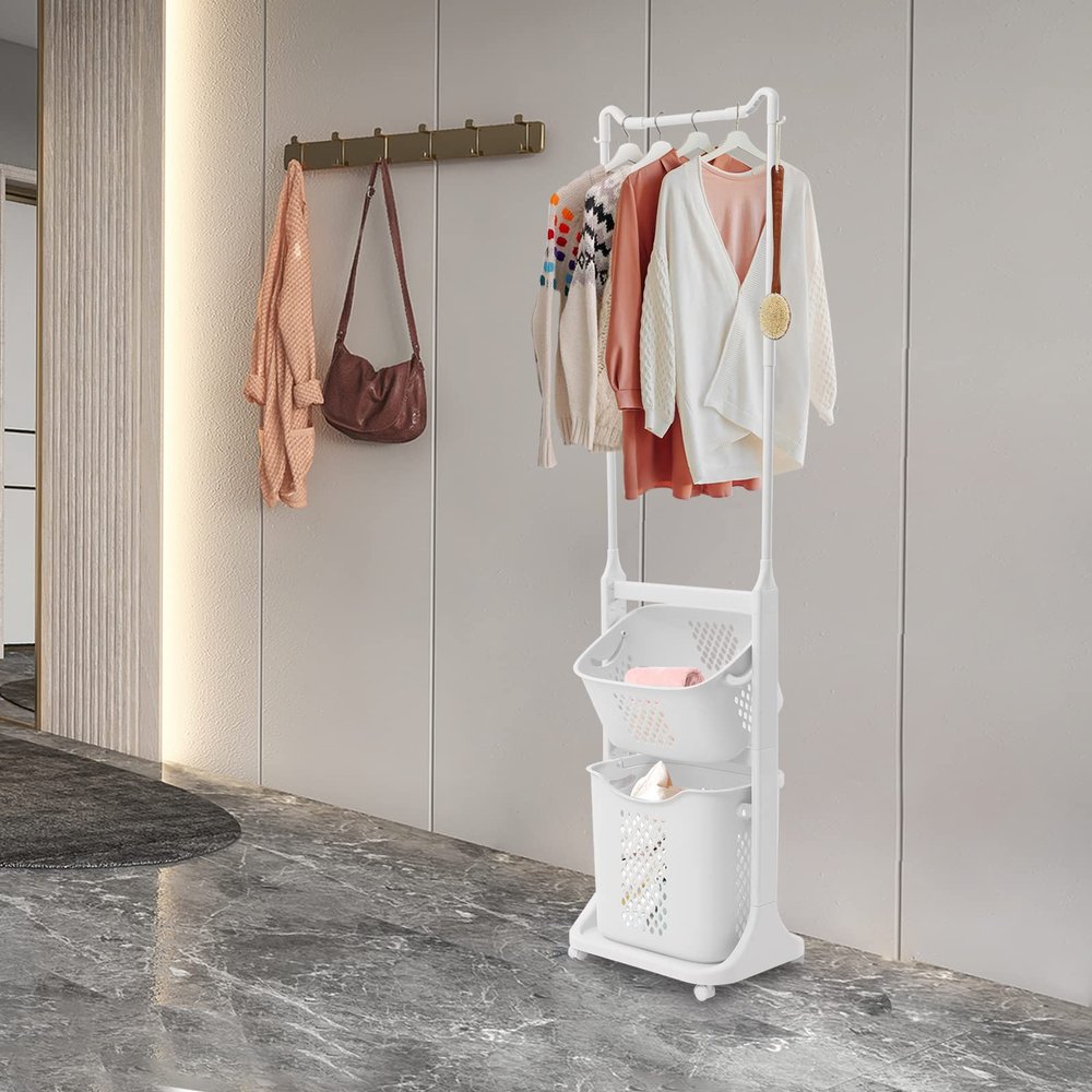 CeRaBuRET White Laundry Basket Bathroom Multi-layer Clothes Storage Basket Household Bathroom Simple Storage Shelf Kitchen Shelf Fruit Stand, 17.3 * 13 * 68.5in
