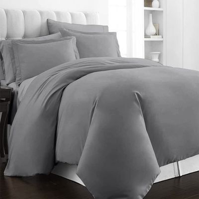 Ropulance Bedding Pure Cotton Duvet Set with Fitted Sheet, 4 Pc Duvet Cover Set, Deep Pocket, 2 Pillow Cover with Zipper Closure, Durable Bedding Set (Silver Grey,Short Queen)