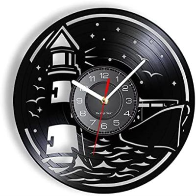 12 Inch Wall Vinyl Decorative Wall Clocks Sailing On The Sea Vinyl Wall Clock Lighthouse Streamship Signal Lamp Sea Gull Animal Wall Watch Retro Voyagers' Gift