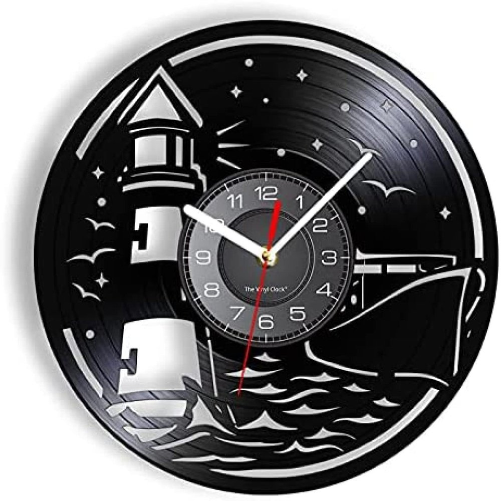 12 Inch Wall Vinyl Decorative Wall Clocks Sailing On The Sea Vinyl Wall Clock Lighthouse Streamship Signal Lamp Sea Gull Animal Wall Watch Retro Voyagers' Gift