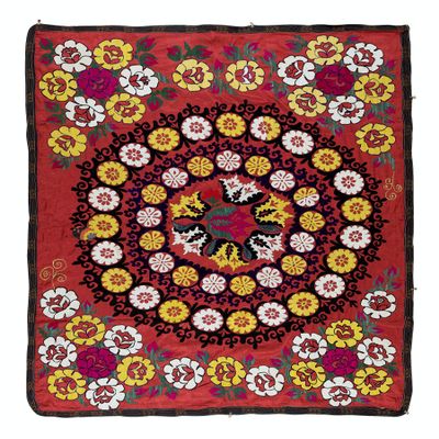 5x6 Ft Turkish Silk Embroidery Wall Hanging, Vintage Decorative Bed Cover, Authentic Throw. RS81