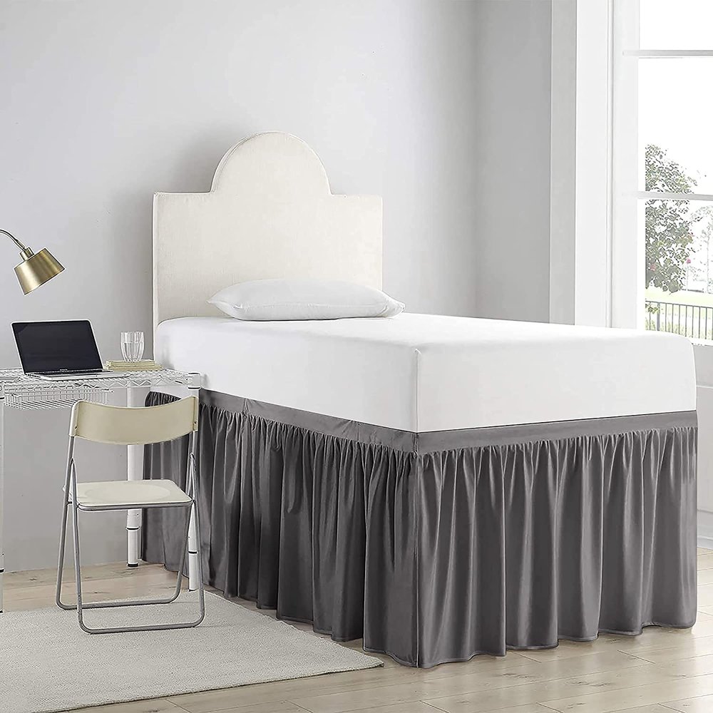 Bed Skirt for Dorm, Extra Long Ruffle 46" Drop College Dorm Bed Skirt, Dark Grey Solid, Twin-XL.