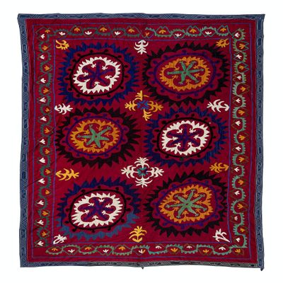 4.8x7 Ft Silk Hand Embroidered Bed Cover, Vintage Suzani Tapestry, Turkish Wall Hanging, Home Decor Blanket. RS97