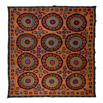 7.6x9.7 Ft 1970s Turkish Hand Embroidered Bed or Table Cover, Decorative Silk & Cotton Wall Hanging. RS94