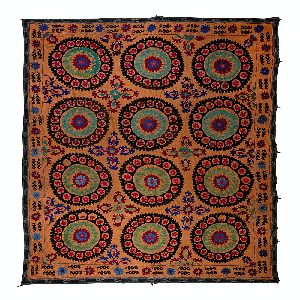 7.6x9.7 Ft 1970s Turkish Hand Embroidered Bed or Table Cover, Decorative Silk & Cotton Wall Hanging. RS94