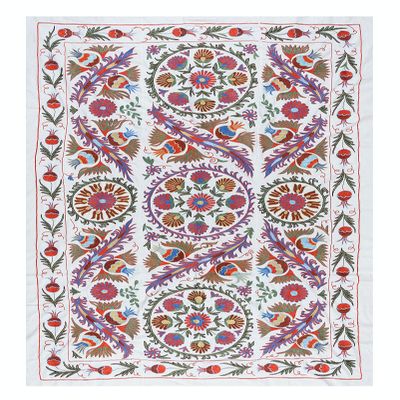 4.5x7.3 Ft Silk Embroidery Turkish Tapestry, Decorative Suzani Bed Cover, Handmade Wall Hanging. RS119