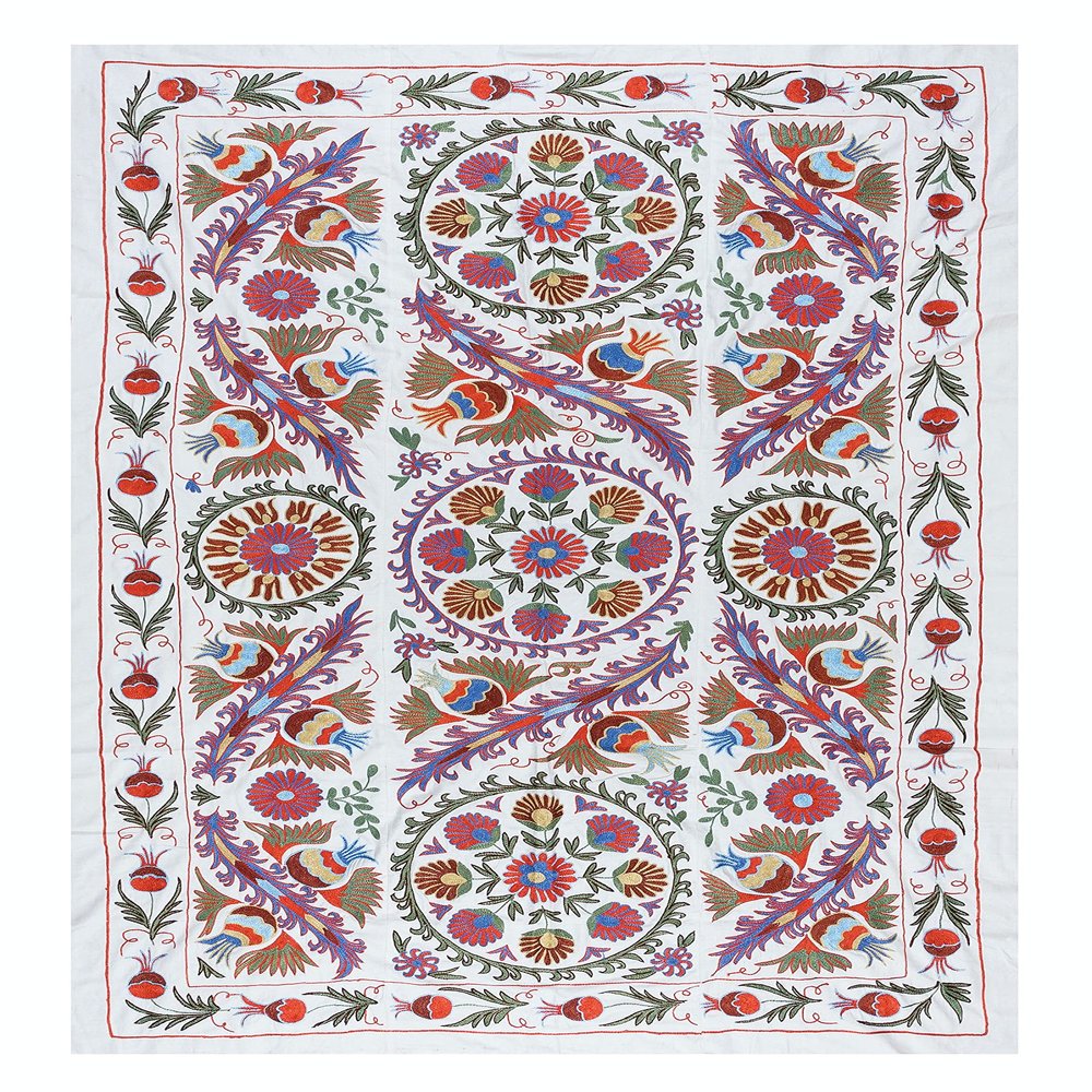 4.5x7.3 Ft Silk Embroidery Turkish Tapestry, Decorative Suzani Bed Cover, Handmade Wall Hanging. RS119