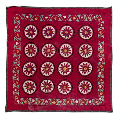6.9x6.9 Ft Silk Hand Embroidery Classic Suzani Wall Hanging, Decorative Vintage Turkish Bed or Table Cover. RS153