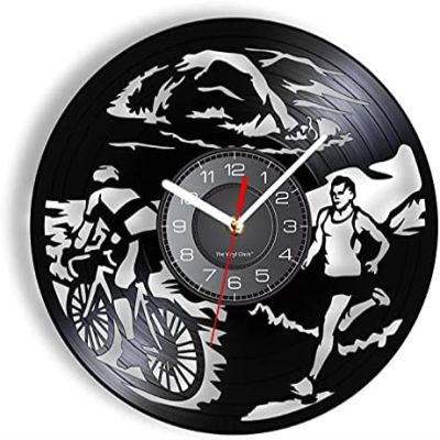 12 Inch Vinyl Record Wall Clock Triathlon Vintage Design Wall Clock Swimming Cycling Vinyl LP Record Wall Watch Modern Artwork for Sporters