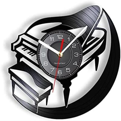 12 Inch Round Wall Clock Piano Vintage Design Wall Clock Musical Instrument Laser Etched Vinyl Wall Watch Hanging Art Decor Gift for Pianoist