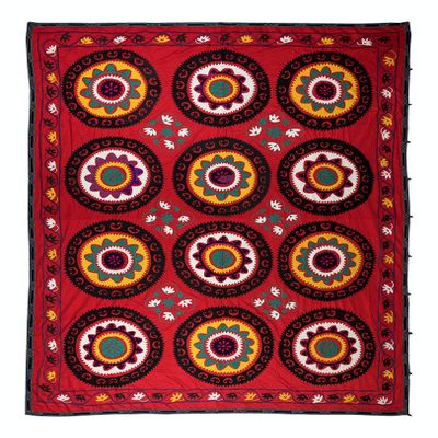 7.3x9.7 Ft Vintage Silk Embroidery Bed Cover, Hand Embroidered Suzani Fabric, Traditional Wall Hanging. RS112