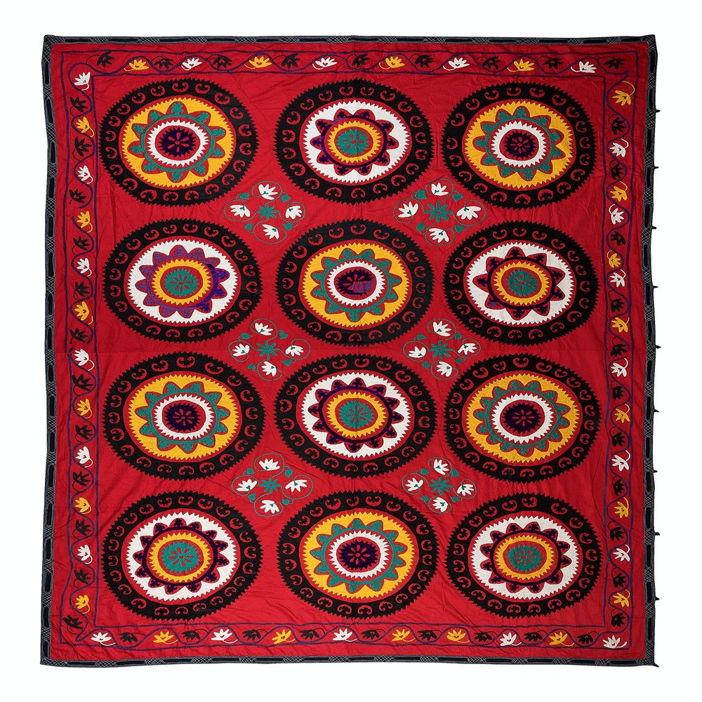 7.3x9.7 Ft Vintage Silk Embroidery Bed Cover, Hand Embroidered Suzani Fabric, Traditional Wall Hanging. RS112