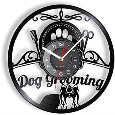 12 Inch Round Wall Clock Dog Grooming Salon Wall Clock Salons for Pets Animals Laser Etched Vinyl Wall Watch Retro Black Hanging Decor
