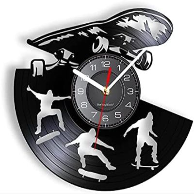12 Inch Round Wall Clock Skateboard Wall Clock Skater Boy Sliding Plate Silent Home Decor Sport Lover Skateboarding Vintage Vinyl Record Hanging Watch