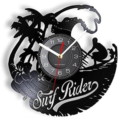 12 Inch Wall Vinyl Decorative Wall Clocks Surf Rider Vinyl LP Record Wall Clock Surfboard Summer Coastal Surf Beach Craft Disk Decor Hanging Cool Watch