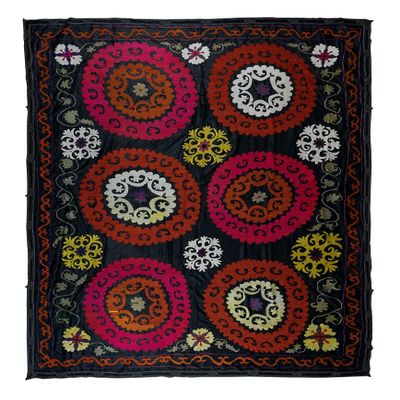 8.3x10.7 Ft Suzani Silk Embroidery Bed Cover, Vintage Turkish Throw, Home Decor Wall Hanging. RS75