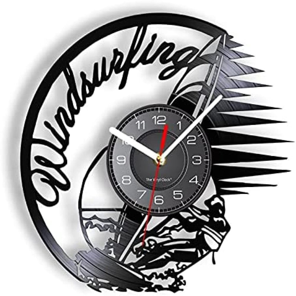 12 Inch Wall Vinyl Decorative Wall Clocks Windsurfing Wall Clock Made of Real Vinyl Record Water Sports Surfing Laser Cut Wall Watch Gifts for Windsurfer
