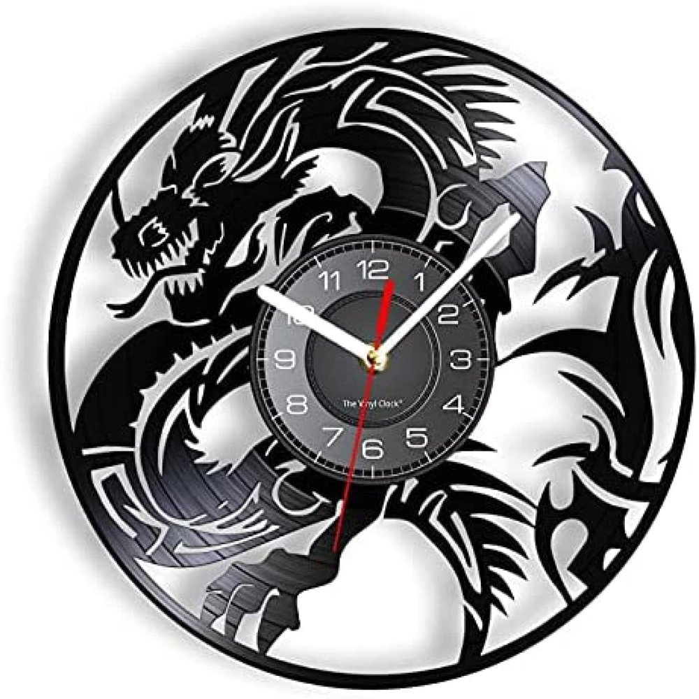 12In Wall Clock Silent Non-Ticking Dragon Vinyl Music Record Wall Clock Exotic Animals Spiritual Symbol Decor Medieval Artwork Watch