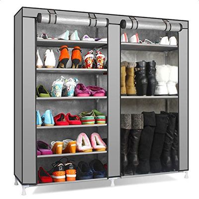 9 Tier Shoe Rack with Dustproof Cover, 27 Pairs Portable Vertical Double Row Shoe Rack Storage Organizer with Nonwoven Fabric Cover Cabinet for Closet & Entryway, Gray