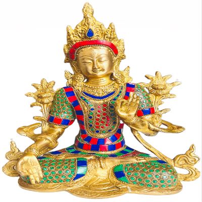 Lady Buddha Statue Indoor Gold Brass Buda Sculpture for Home Decor, Nepalese Craft Hand-Made (Idol for Peace Meditation Protection Buddha Sculpture, Tabletop Craft) Golden