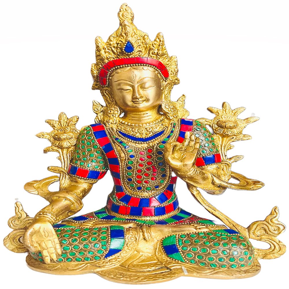 Lady Buddha Statue Indoor Gold Brass Buda Sculpture for Home Decor, Nepalese Craft Hand-Made (Idol for Peace Meditation Protection Buddha Sculpture, Tabletop Craft) Golden