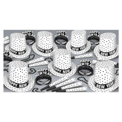 Beistle Tuxedo New Year's Eve Assortment For 50 People - NYE Party Supplies - Hats, Tiaras, Horns, Beads, Black/White