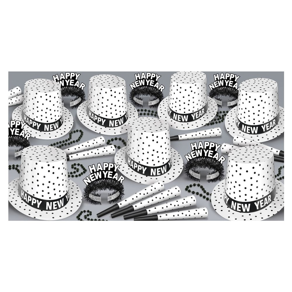 Beistle Tuxedo New Year's Eve Assortment For 50 People - NYE Party Supplies - Hats, Tiaras, Horns, Beads, Black/White