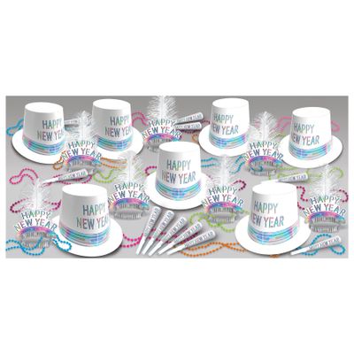 Beistle Razzle Dazzle Assortment for 50 People New Years Eve Party Kit with White Hi-Hats, Plumed Tiaras, Foil Horns and Party Bead Accessories for Bright Colorful NYE Group Celebrations