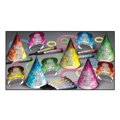 Beistle Glow Happy New Year Party Assortment For 10 People - NYE Hats, Tiaras, Noisemaker Horns, Glow Necklaces And Bracelets