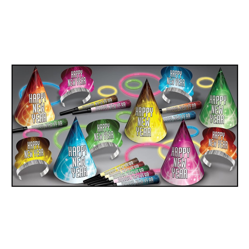 Beistle Glow Happy New Year Party Assortment For 10 People - NYE Hats, Tiaras, Noisemaker Horns, Glow Necklaces And Bracelets