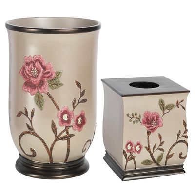 Zahari Home 2pc Larrisa Floral Bathroom Decor Set Waste Basket for Bathroom & Tissue Cover Modern Classic Contemporary Decor Stylish Unique Design Beautiful Bathroom Accessories Set