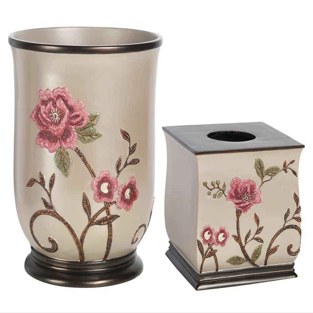 Zahari Home 2pc Larrisa Floral Bathroom Decor Set Waste Basket for Bathroom & Tissue Cover Modern Classic Contemporary Decor Stylish Unique Design Beautiful Bathroom Accessories Set