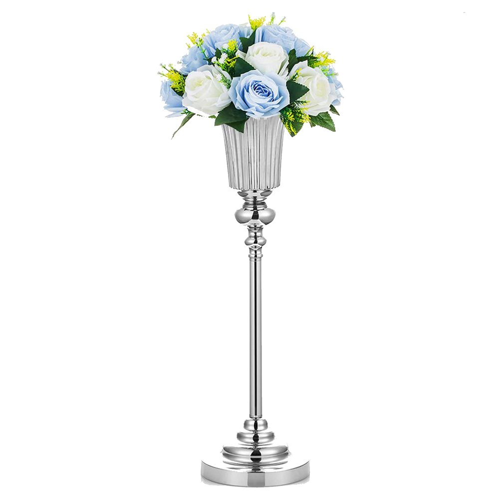 0052-Silky Silk Flower Vase| Wedding Table Centerpiece |Event Flowers Rack |Flower Vase Road Leading Vase for Engagement & Home Decor. (28.35" x 5.12" Inches, Silver)