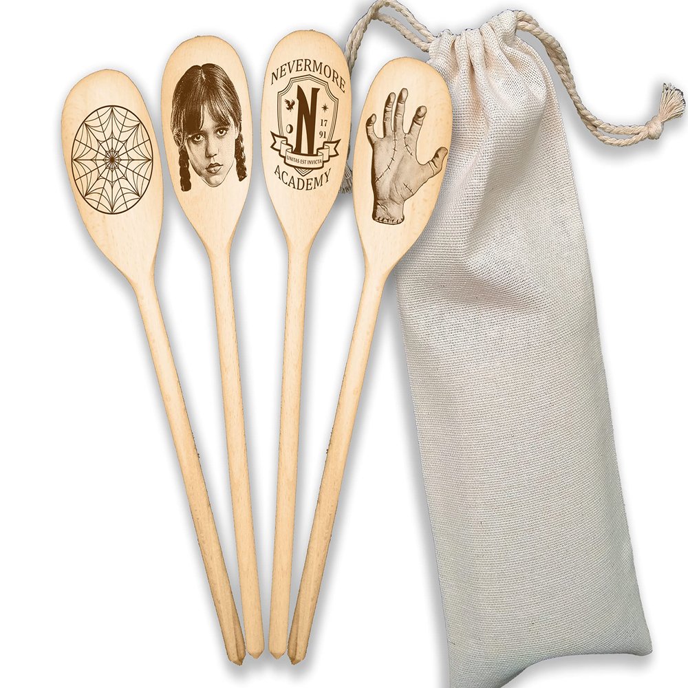 Wednesday Spoons Set Of 4 Funny Wooden Spoons Inspired Wednesday Thing Nevermore Academy Ophelia Hall Wednesday TV Horror Movie Fan Art Gift (4 Spoons + Bag)