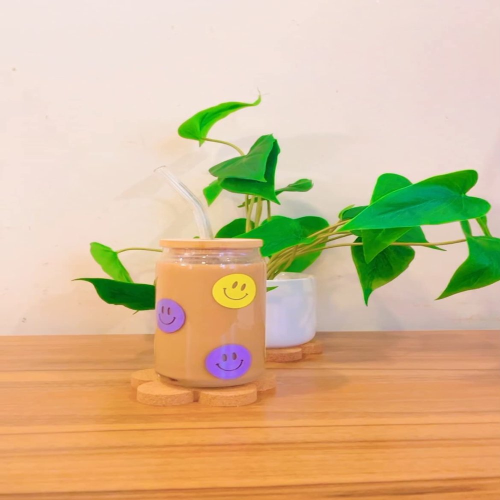 Iced Coffee Glass Cup with Bamboo Lid and Straw | 16oz Beer Can Glass | beer glass Cup | Can Shaped Glass Soda Can Cup | Smiley purple and yellow Glass Cup, Beer Glass Can, Glass Coffee Cup