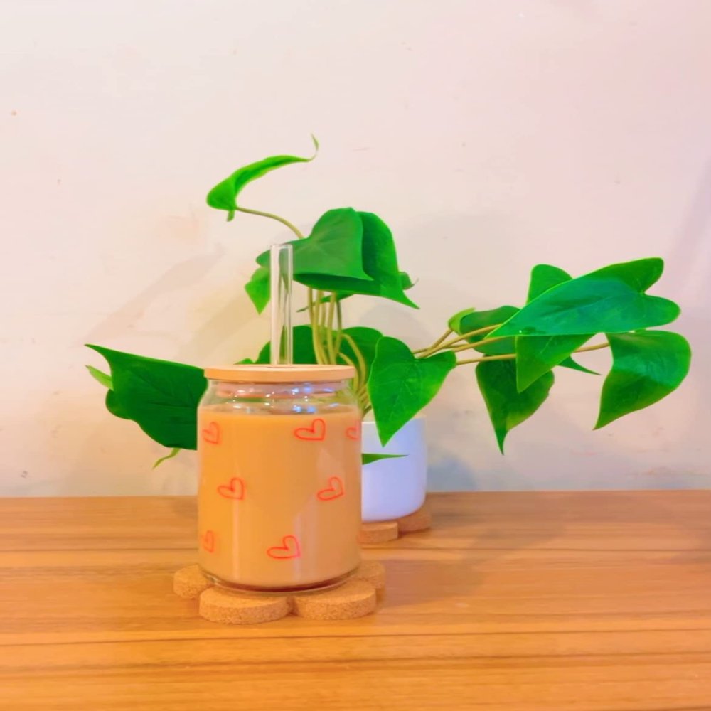 Iced Coffee Glass Cup with Bamboo Lid and Straw | 16oz Beer Can Glass | beer glass Cup | Can Shaped Glass Soda Can Cup | Small red heart shape Glass Cup, Beer Glass Can, Glass Coffee Cup