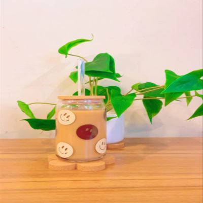 Iced Coffee Glass Cup with Bamboo Lid and Straw | 16oz Beer Can Glass | beer glass Cup | Can Shaped Glass Soda Can Cup | Smiley beige and brown Glass Cup, Beer Glass Can, Glass Coffee Cup