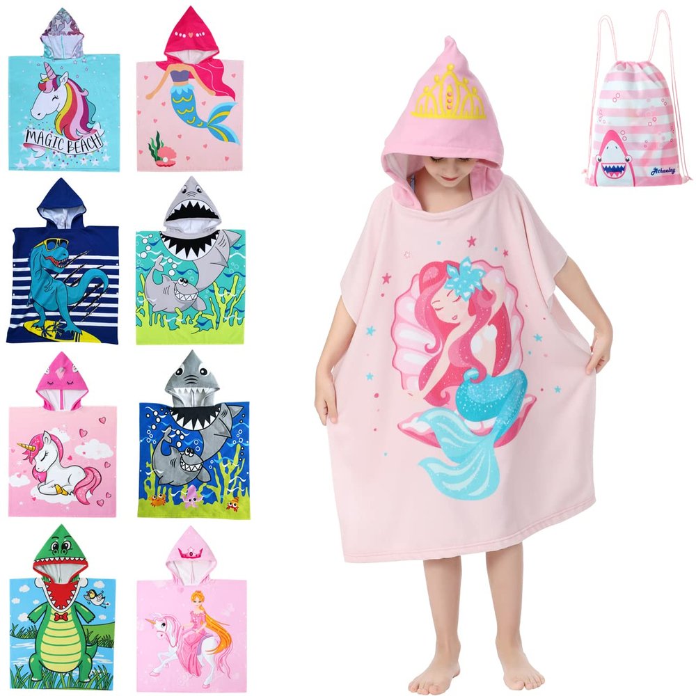 Athaelay Soft Microfiber Swim Cover-ups for 3 to 10 Years Old Kids Hooded Bath Towels Girls' Mermaid Beach Cape