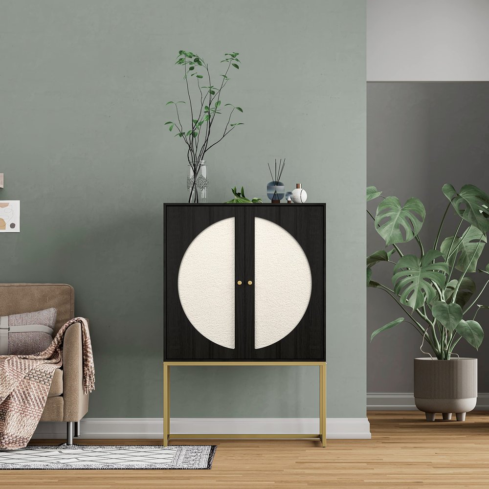 Goujxcy 2 Door High Cabinet with Adjustable Shelf, Symmetrical Semicircle Design, Suitable for Living Room, Bedroom (Black-2 Door)