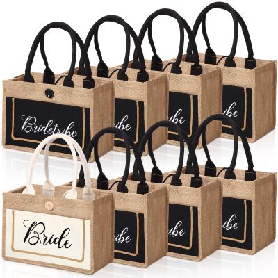 Buryeah 8 Pack Bride Tote Bag Bride Tribe Wedding Gift Bridal Burlap Bag with Handles Bridal Jute Tote Reusable for Newlywed(Black)