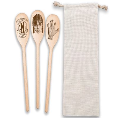 Wednesday Spoons Set Of 3 Funny Wooden Spoons Inspired Wednesday Thing Nevermore Academy Ophelia Hall Wednesday TV Horror Movie Fan Art Gift (3 Spoons Set + Bag)