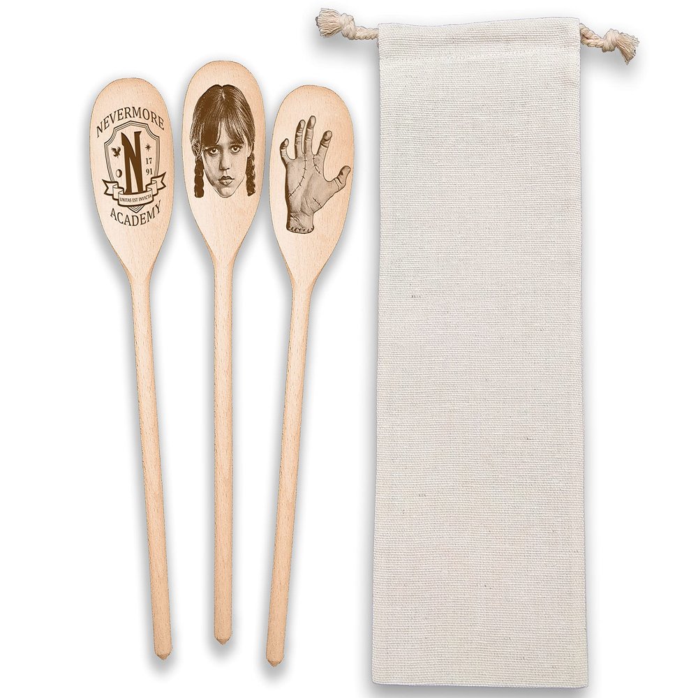 Wednesday Spoons Set Of 3 Funny Wooden Spoons Inspired Wednesday Thing Nevermore Academy Ophelia Hall Wednesday TV Horror Movie Fan Art Gift (3 Spoons Set + Bag)